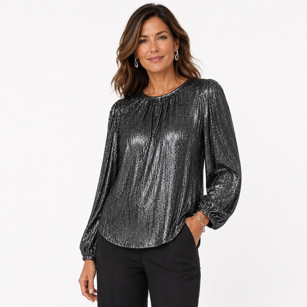 Loft Shimmer Metallic Pleated Blouse Silver Holiday Party Puff Sleeve Size L